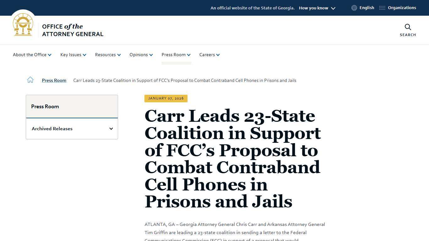 Carr Leads 23-State Coalition in Support of FCC’s Proposal to Combat Contraband Cell Phones in Prisons and Jails Office of the Attorney General